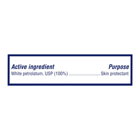 Vaseline product label highlighting 100% white petrolatum purity