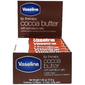 Vaseline Cocoa front packaging showing 12-pack and brand hydration benefit