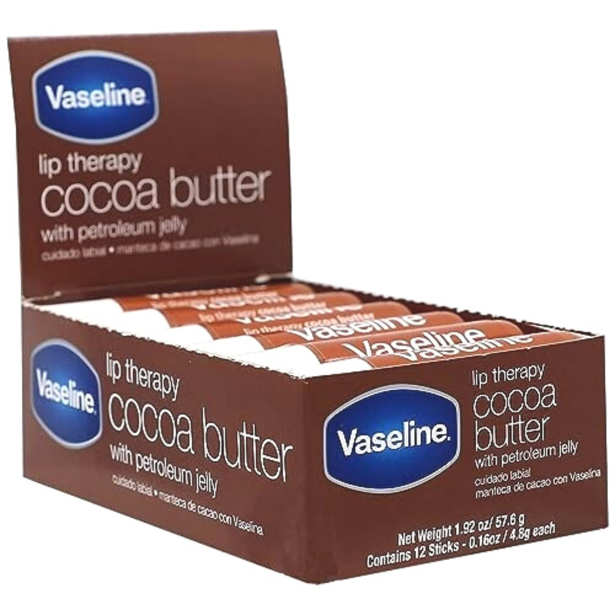 Vaseline Cocoa tube close-up highlighting twist-up applicator and easy use
