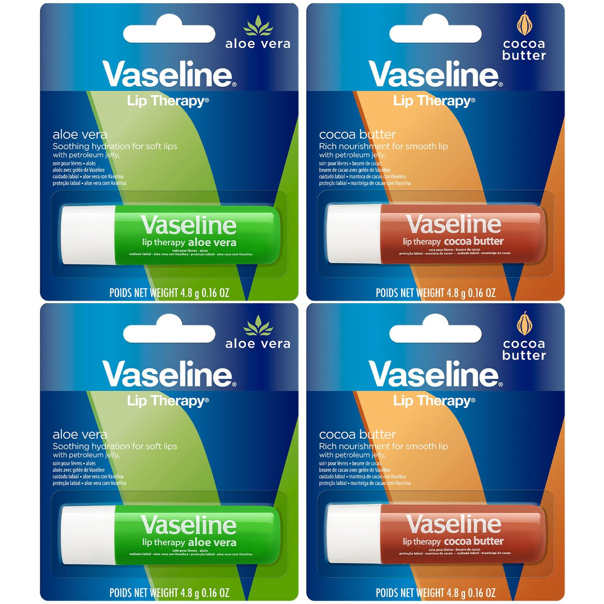 Vaseline front packaging showing four lip therapy sticks and benefits