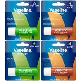 Vaseline front packaging showing four lip therapy sticks and benefits