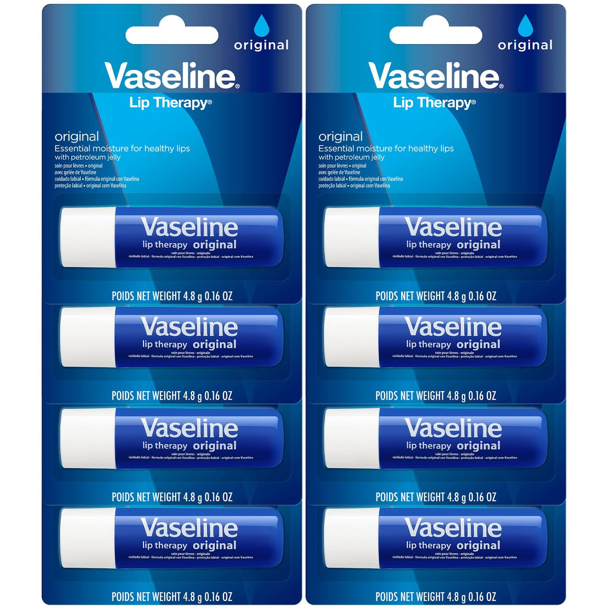 Vaseline front packaging showing eight lip therapy sticks and brand trust