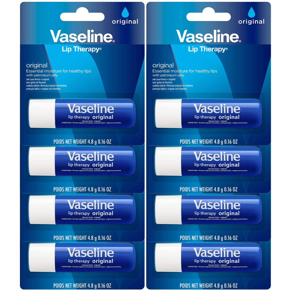 Vaseline front packaging showing eight lip therapy sticks and brand trust