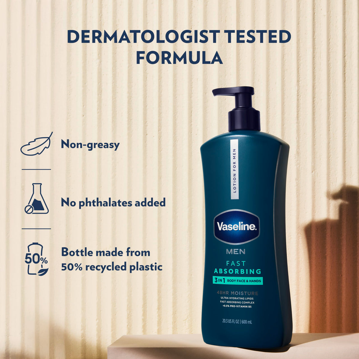 Vaseline men applied to hand demonstrating fast hydration benefit