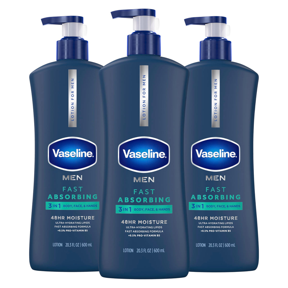 Vaseline men front packaging showing bottle and clear product benefit