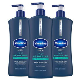 Vaseline men front packaging showing bottle and clear product benefit