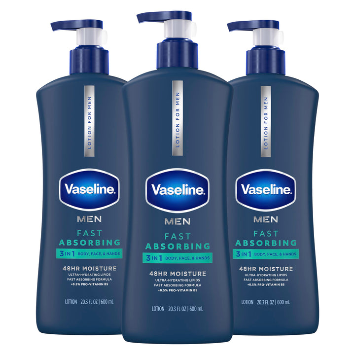 Vaseline men front packaging showing bottle and clear product benefit