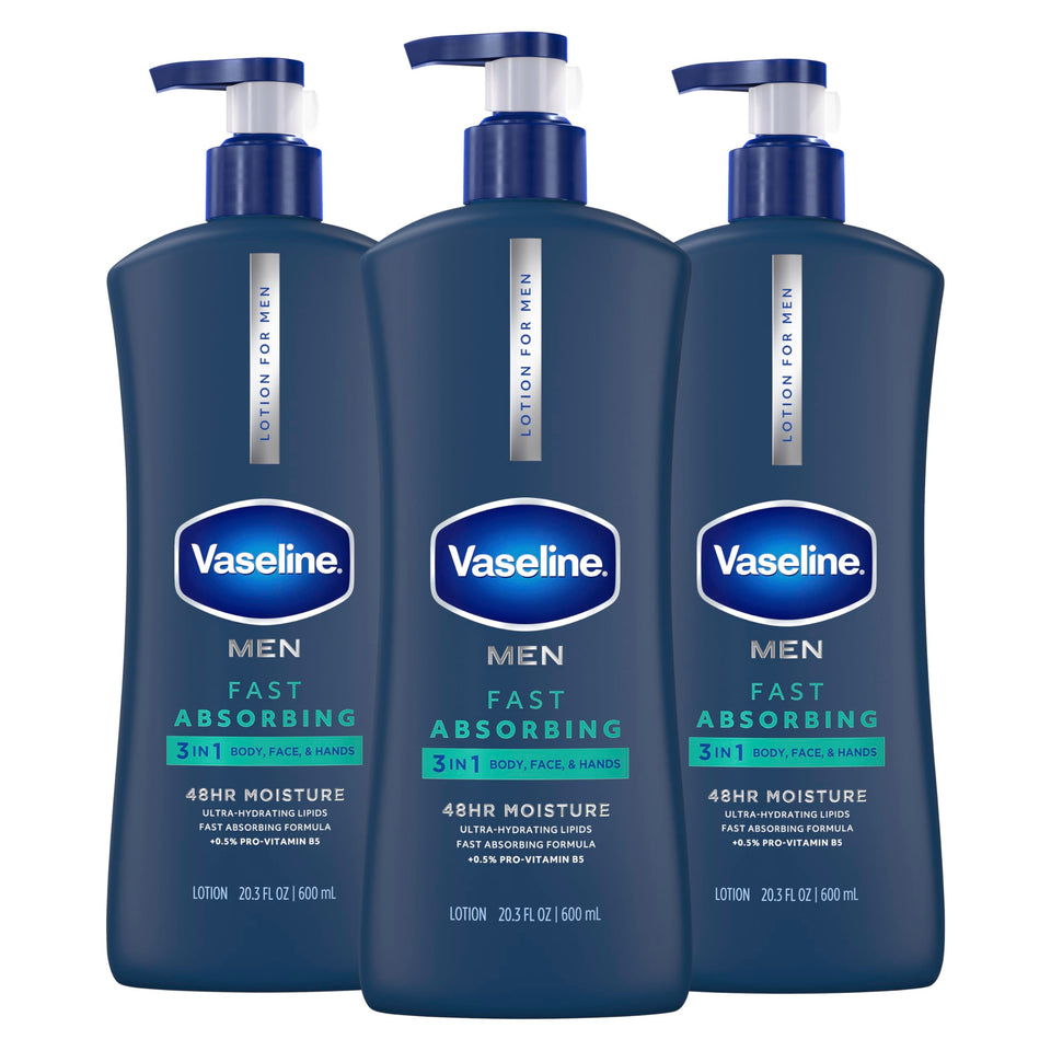 Vaseline men front packaging showing bottle and clear product benefit