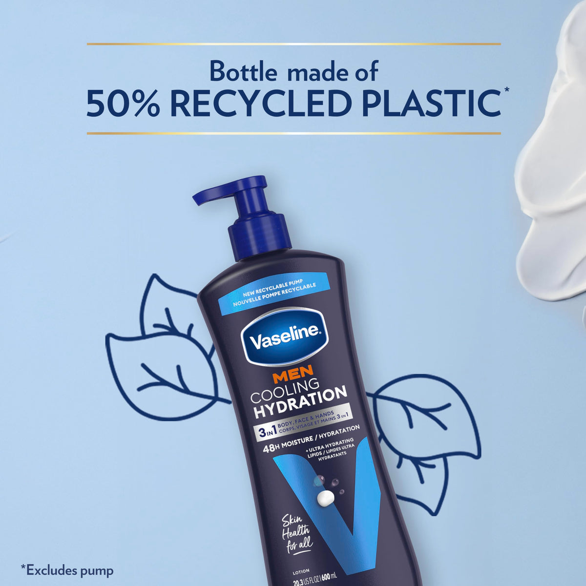 Recycled-plastic badge on Vaseline bottle emphasizing eco benefit