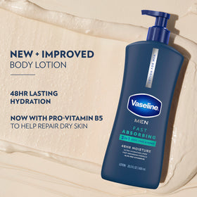 Vaseline men lotion texture closeup showing smooth absorption benefit