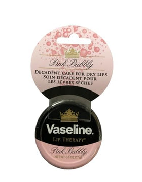 Vaseline pink bubbly tin in hand demonstrating compact travel-friendly size