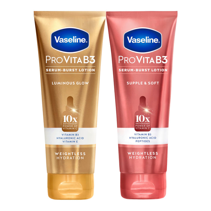 Vaseline front packaging showing two bottles and key benefits
