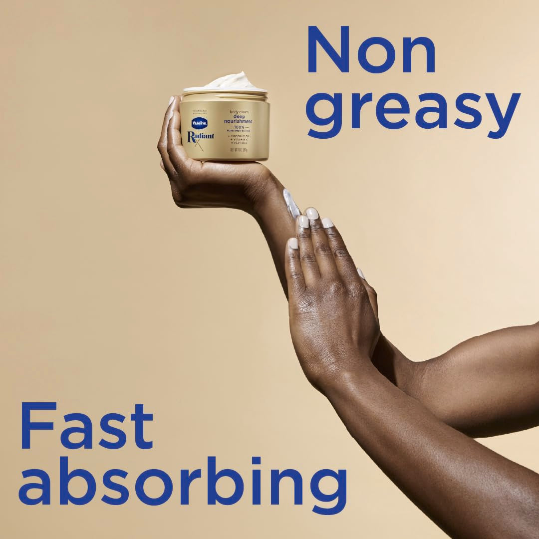 Vaseline Radiant X cream in hand being applied to skin demonstrating quick absorption and non-greasy feel