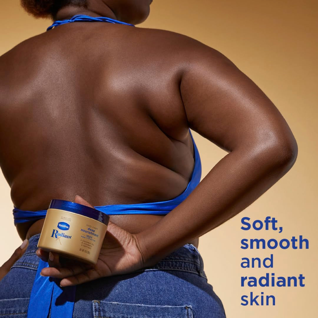 Vaseline Radiant X size and scale next to hand to show 10 oz jar capacity and value