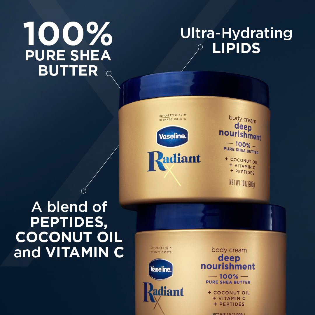 Vaseline Radiant X creamy texture close-up illustrating rich shea butter moisture and fast absorption benefit