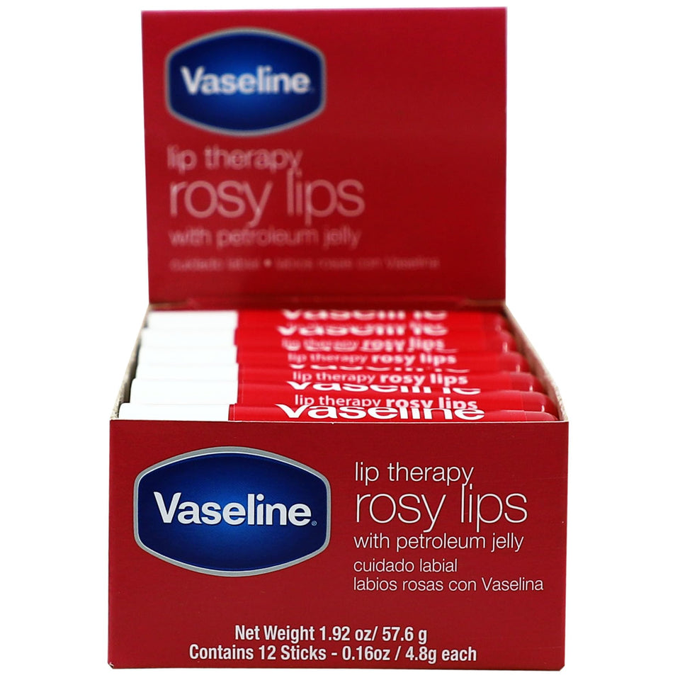 Vaseline Lip Rosy front packaging showing 12-stick box and easy grab convenience