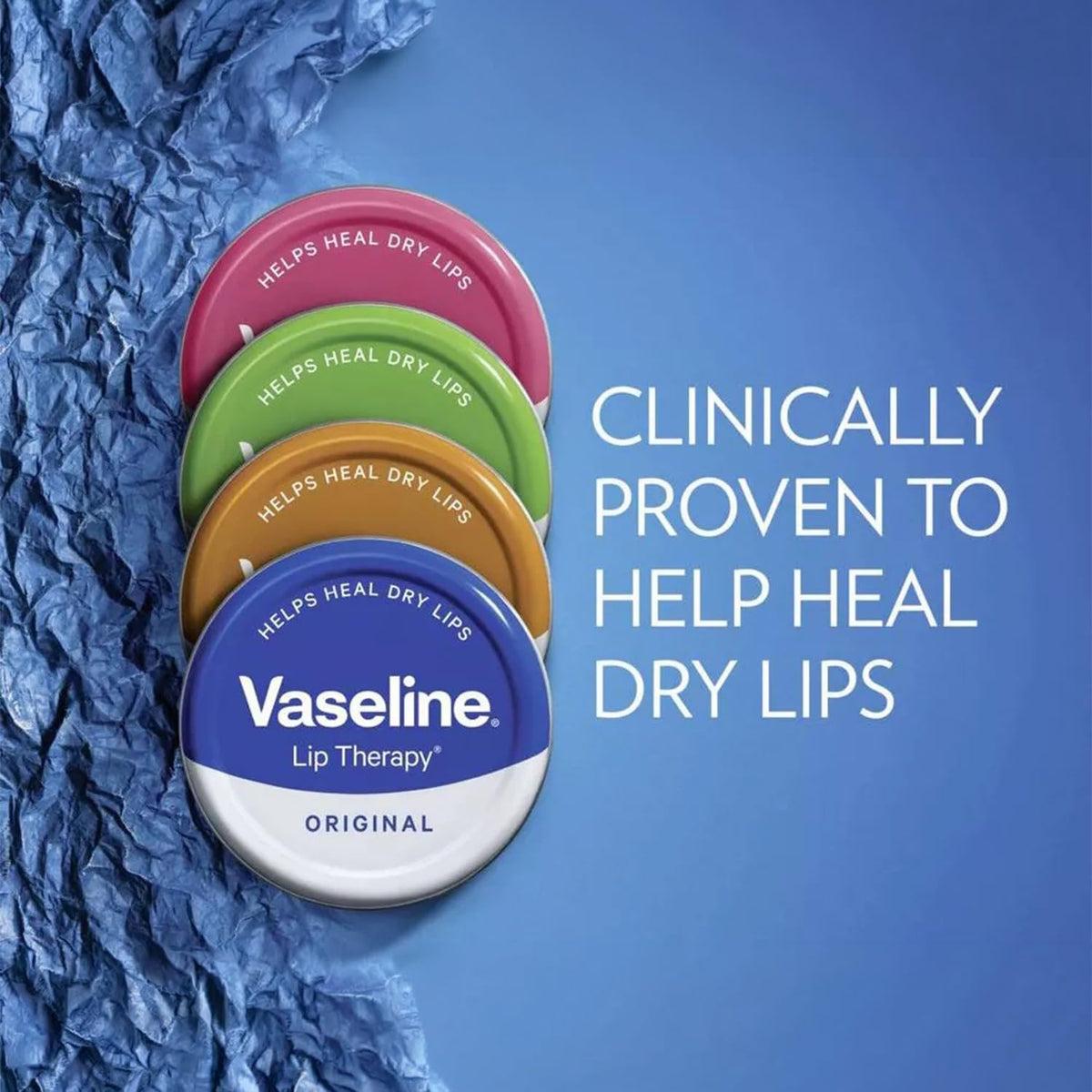 Vaseline rosy lips close-up label highlighting scent and features