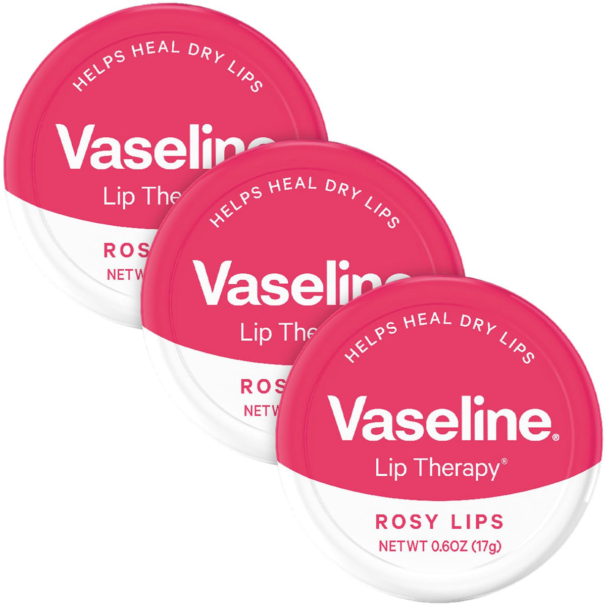 Vaseline rosy lips front packaging showing three pots and benefits