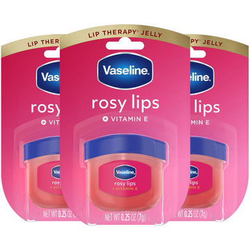 Vaseline rosy lips front packaging showing three mini jars and benefits