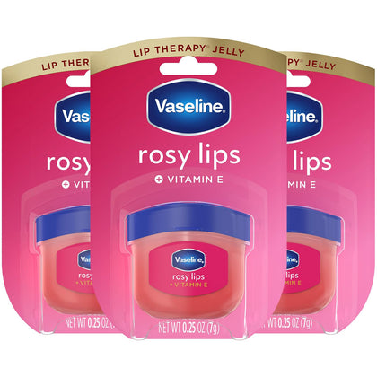Vaseline rosy lips front packaging showing three mini jars and benefits