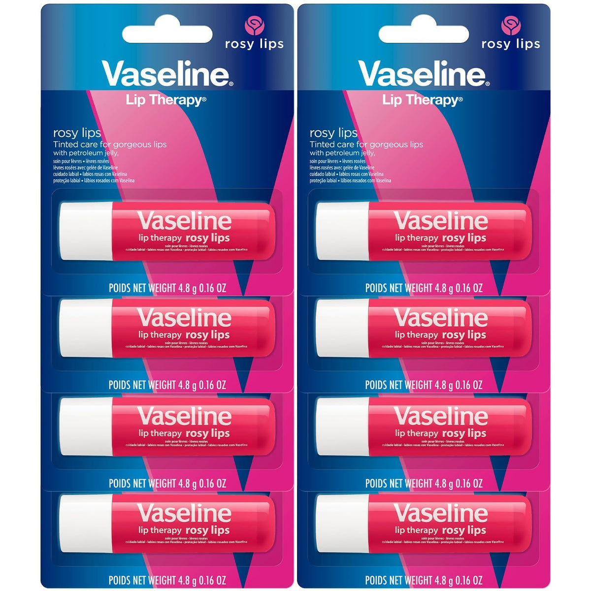 Vaseline front packaging of eight rosy lips sticks showing value pack convenience