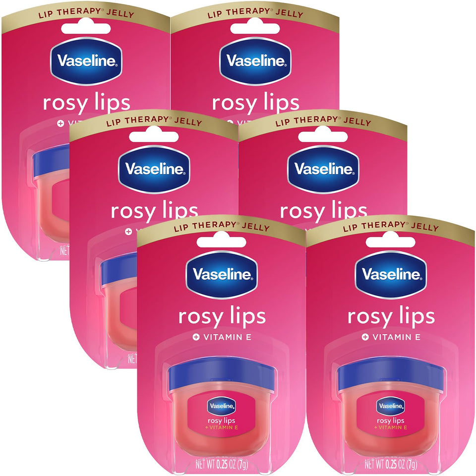 Vaseline Rosy Lips front view showing mini jar and rosy tint benefit