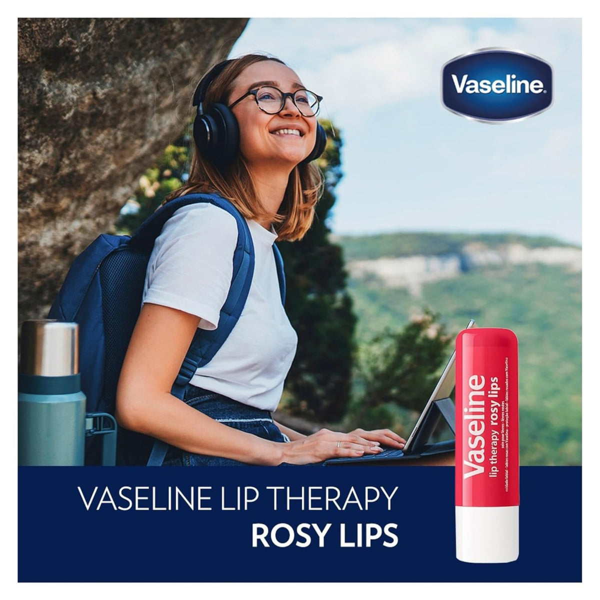 Vaseline applying rosy lips balm on hand demonstrating quick hydration benefit