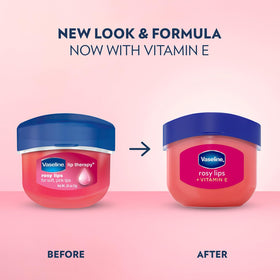 Six-pack of Vaseline Rosy Lips mini jars arranged for storage convenience