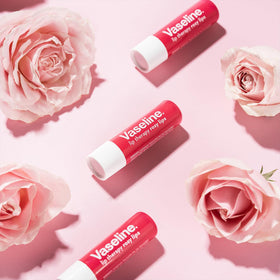Vaseline tinted rosy lips shown on lips giving natural color boost benefit
