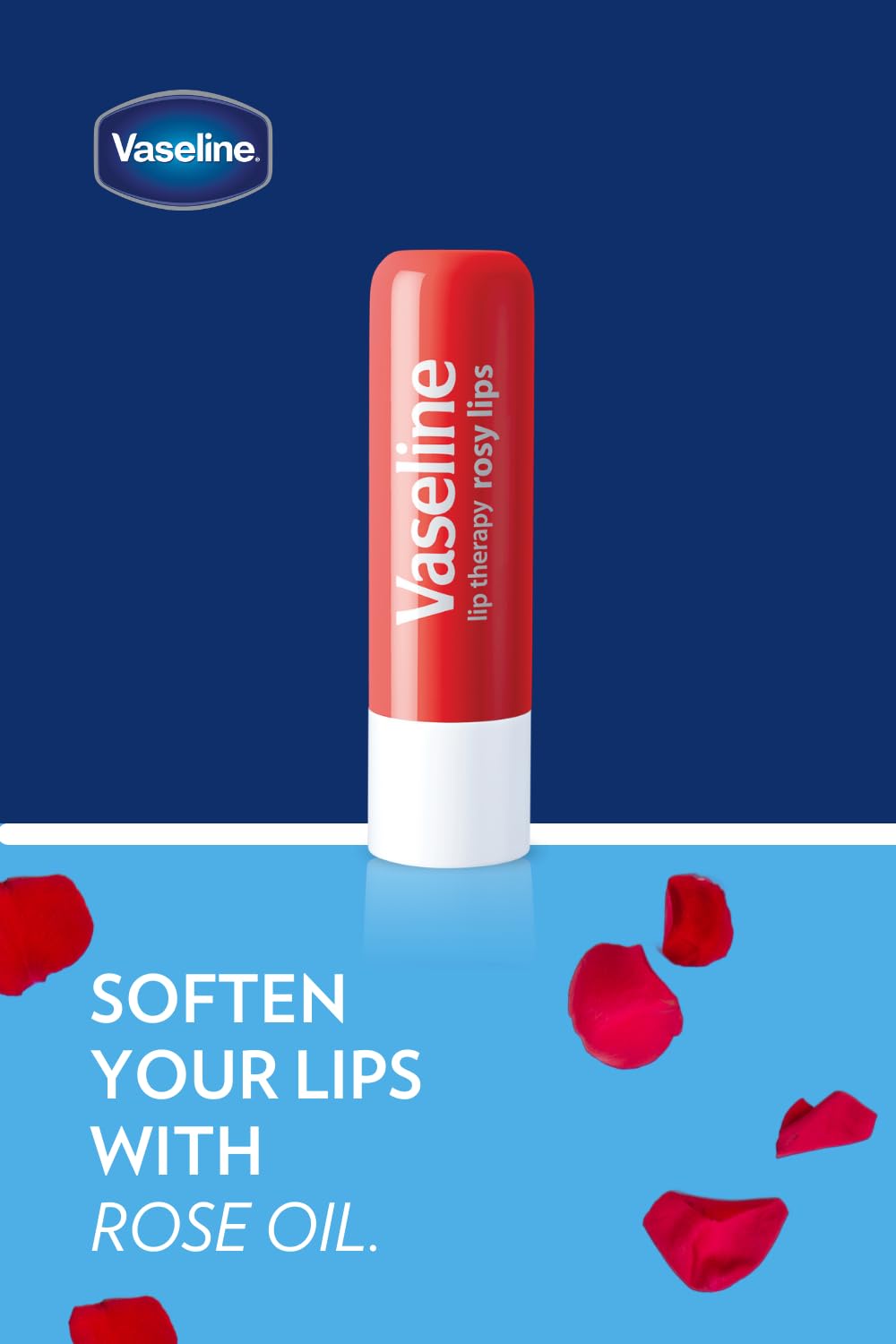 Vaseline Lip Rosy open cap being applied to lips demonstrating quick soothing