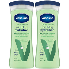 Vaseline front packaging showing two 10 oz bottles and benefits