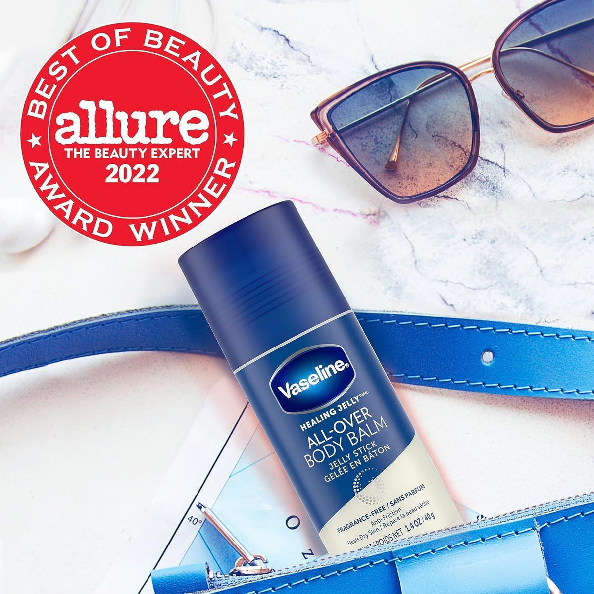 Vaseline jelly stick being applied to knee in active lifestyle scene — prevents chafing