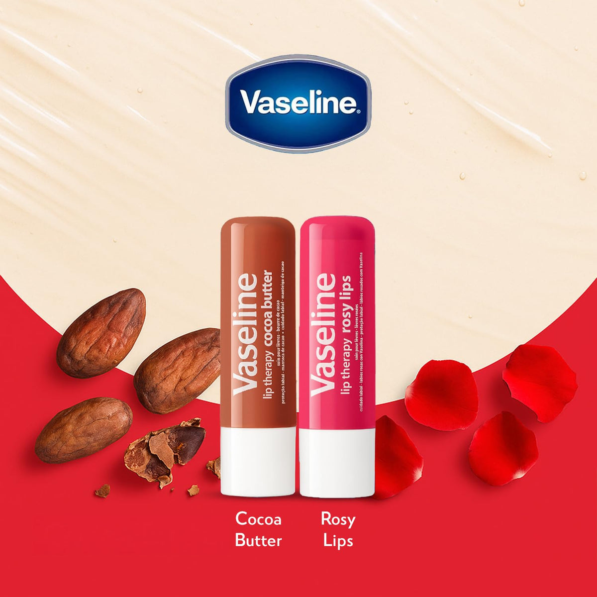 Vaseline lip balm opened on lips demonstrating easy application and instant protection