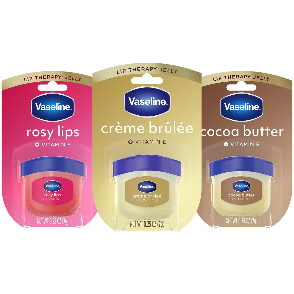 Vaseline three-pack front view showing all three mini jars for versatile hydration