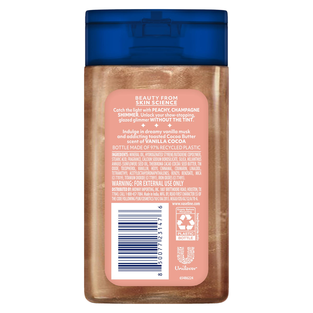 Vaseline bottle in a travel bag lifestyle shot emphasizing portability and everyday use benefit