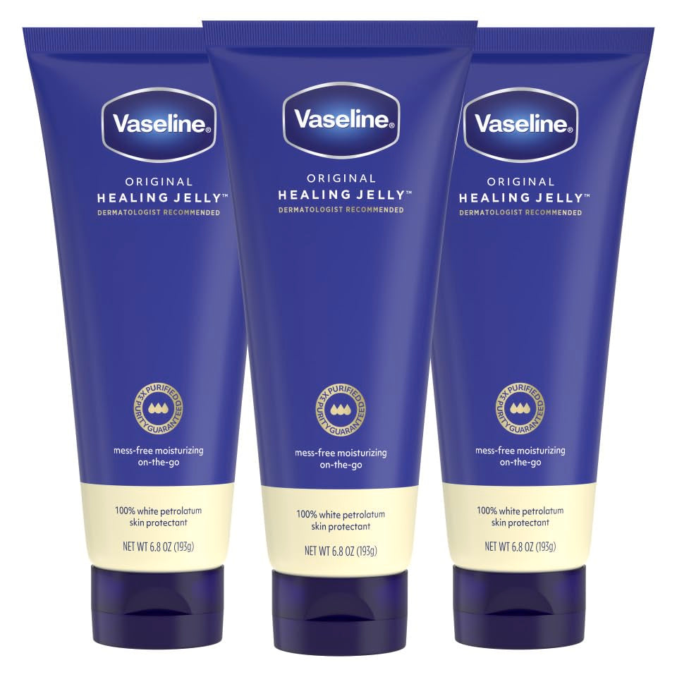 Vaseline tube front packaging showing size and three-pack convenience