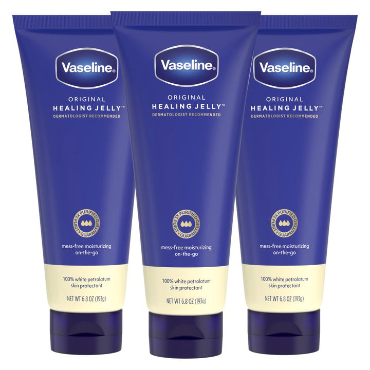 Vaseline tube front packaging showing size and three-pack convenience