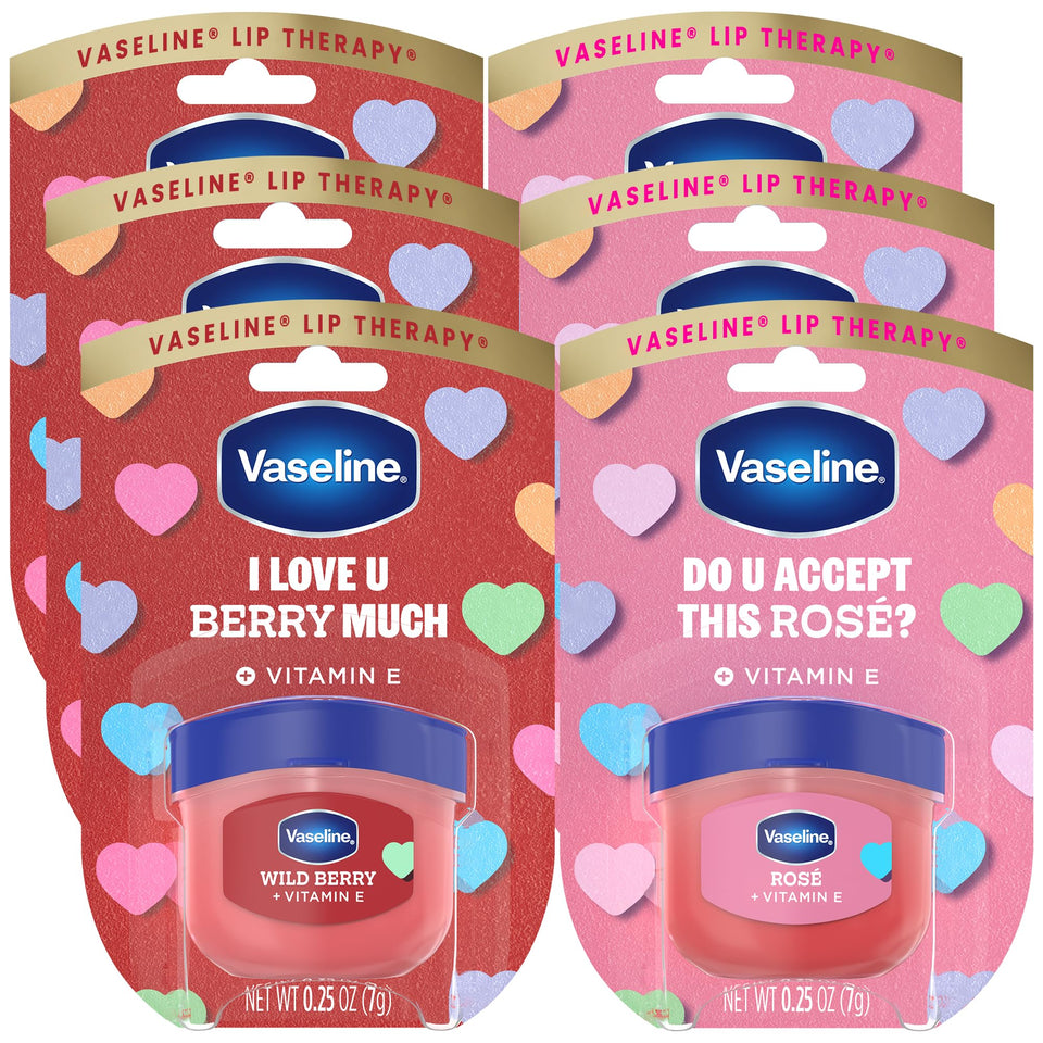 Vaseline front packaging showing six mini Wild Berry and Rosé jars, convenient gift set