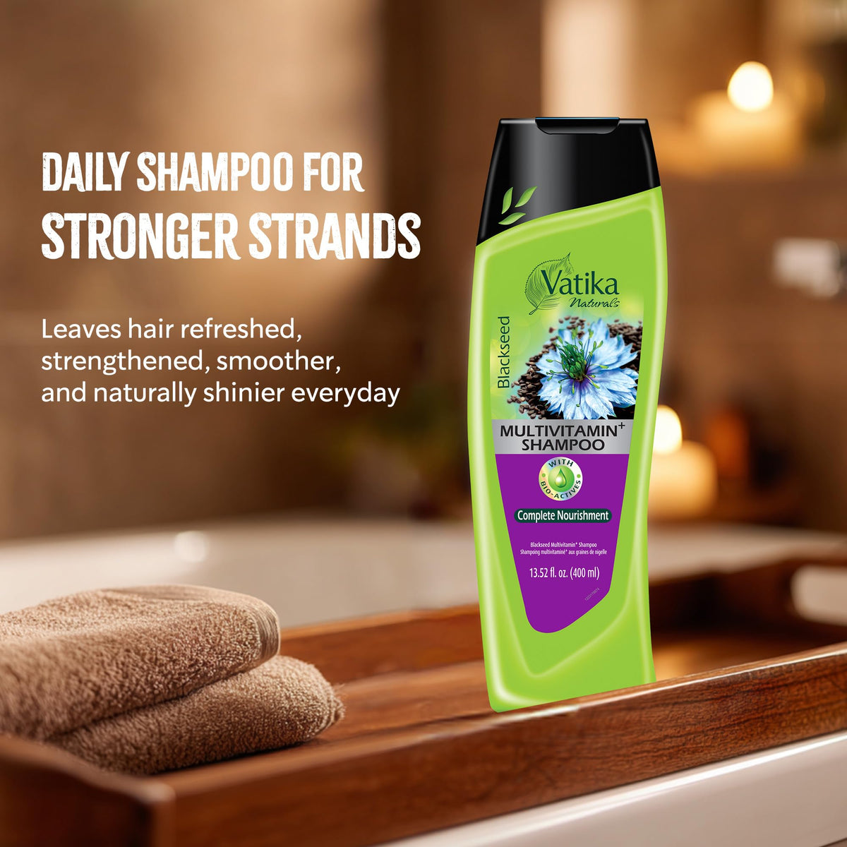 Vatika Naturals shampoo and conditioner on bathroom shelf for daily routine benefit