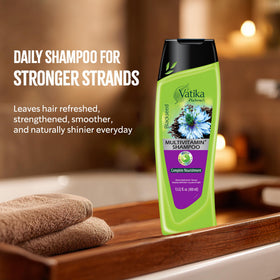 Vatika Naturals shampoo and conditioner on bathroom shelf for daily routine benefit