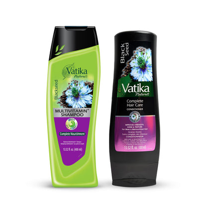 Vatika Naturals front packaging view showing both 400ml bottles and benefits