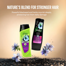 Vatika Naturals shampoo pouring to show smooth texture and gentle cleanse
