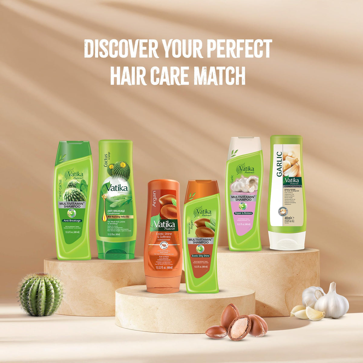 Vatika Naturals bottles beside a hand to show 400ml size and long-lasting benefit