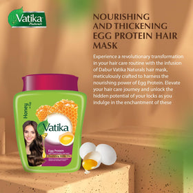Vatika Naturals ingredients display with egg and vitamin icons emphasizing nourishment