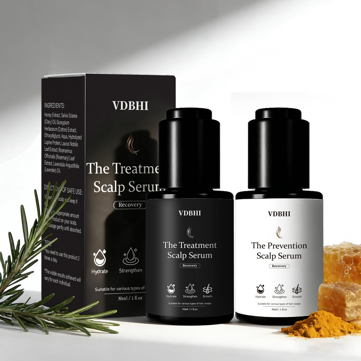VDBHI front packaging showing the hair serum bundle and benefits