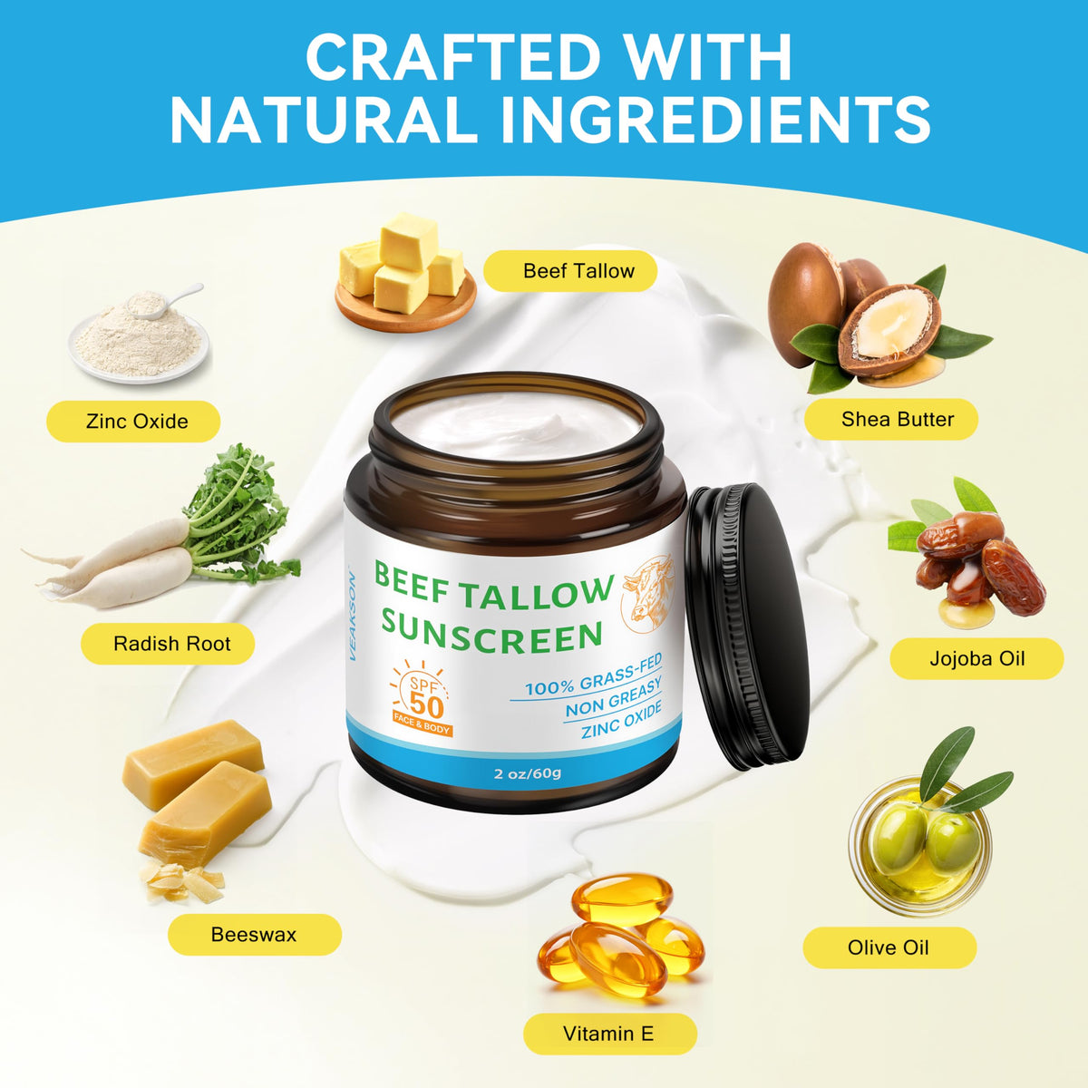 veakson ingredients flatlay with grass-fed tallow and nourishing oils