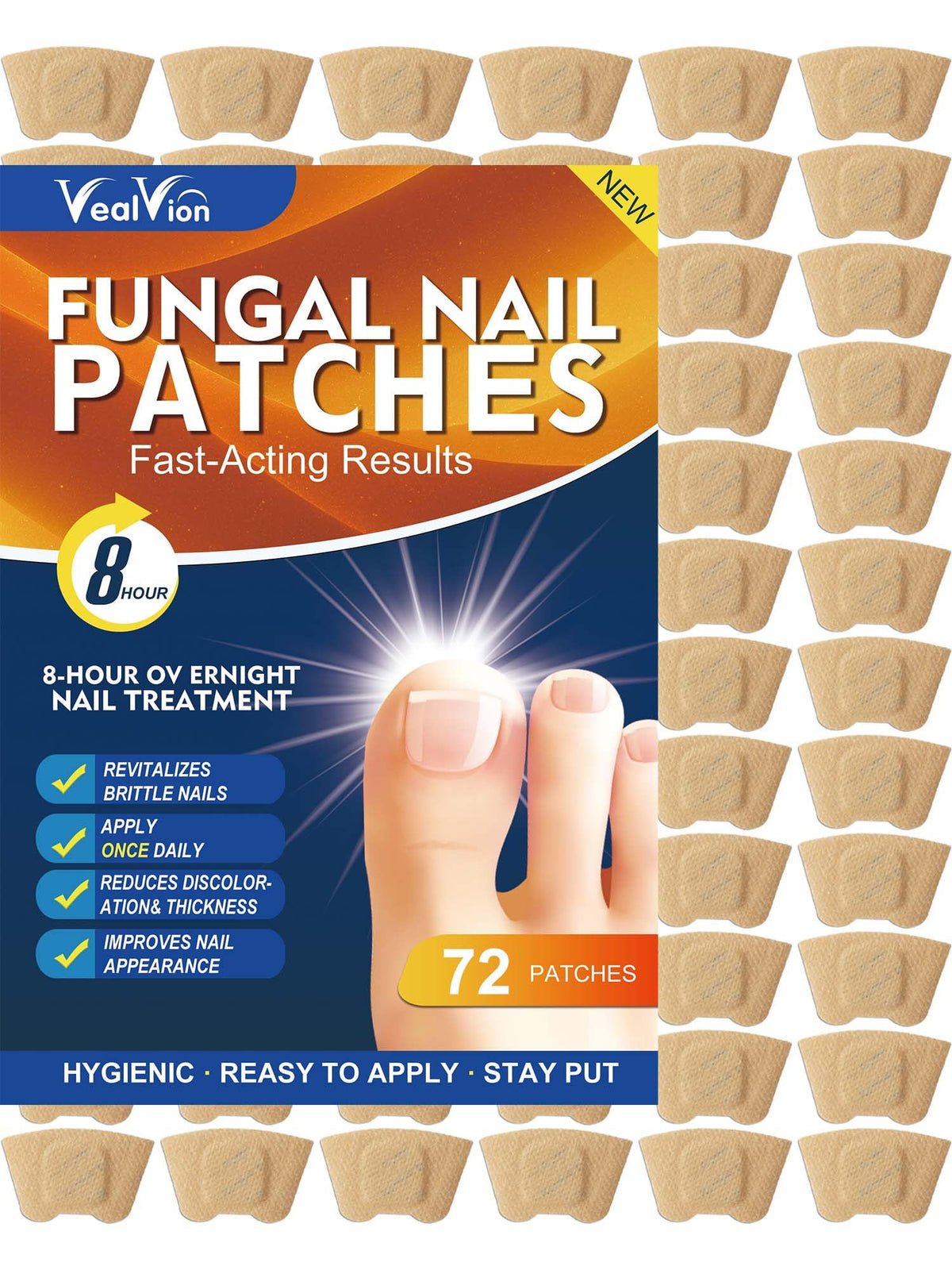 Vealvion front packaging showing 72 patches and benefits