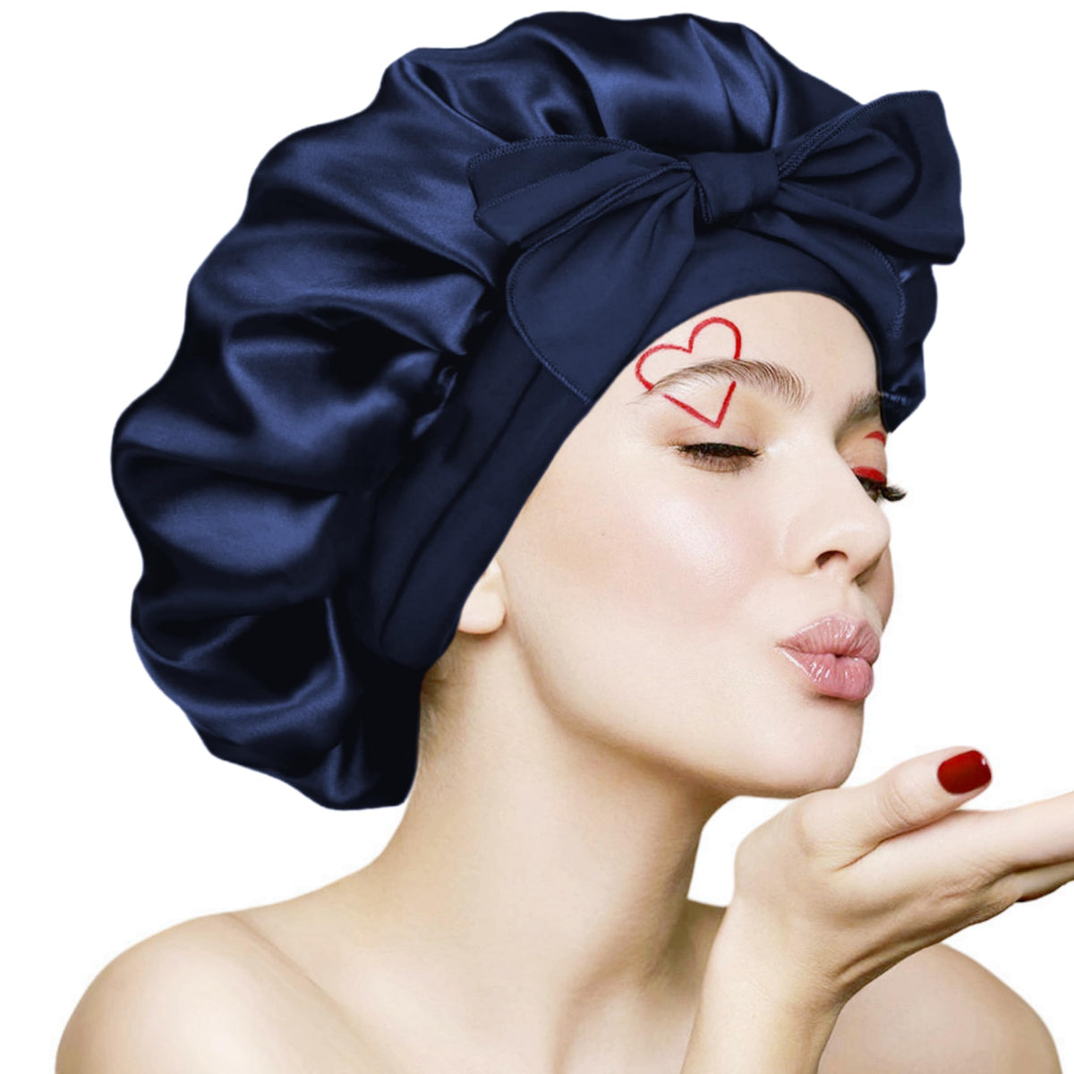 VECIIR front view of navy satin bonnet showing full coverage and secure look