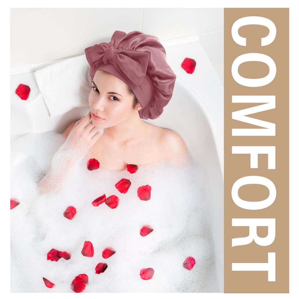 VECIIR woman wearing bonnet in bed protecting curls and reducing frizz