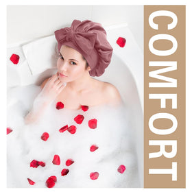 VECIIR woman wearing bonnet in bed protecting curls and reducing frizz